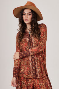Bata Ampla Com Botões Terracota Estampa Cashmere Yacamim B7