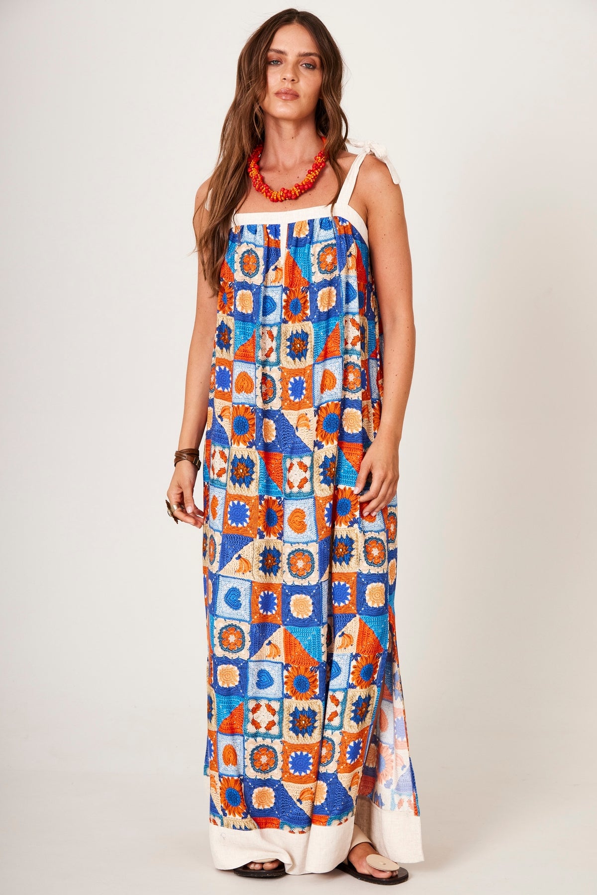 Vestido Longo Com Alças De Amarrar Estampa Geométrica Yacamim C20