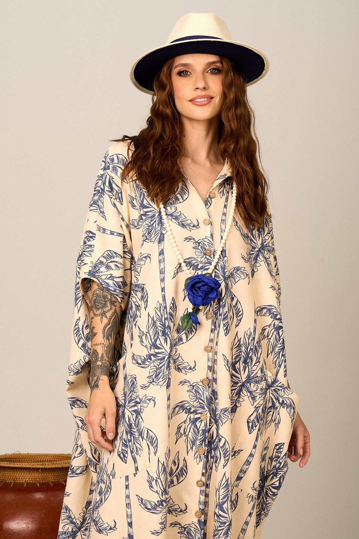 Chemise Longo Bege Estampa De Coqueiros Yacamim N8