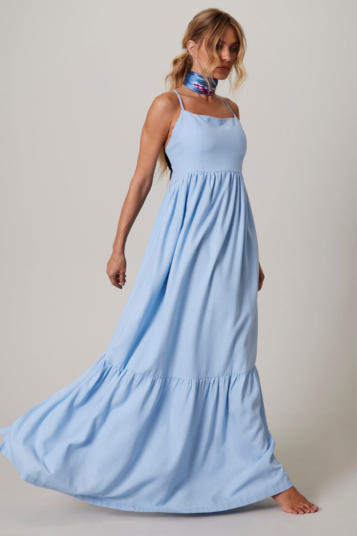 Vestido Longo De Linho Azul Claro Yacamim c5 Liso