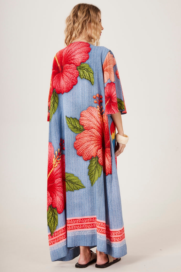 Vestido Longo Decote Ombro A Ombro Azul Estampa Arara Yacamim D24