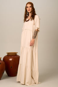 Vestido Longo Viscolinho Bege Nature Yacamim D6