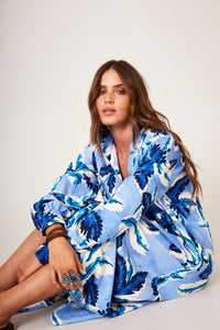 Chemise Midi Amplo Azul Estampa Tropical Yacamim P9