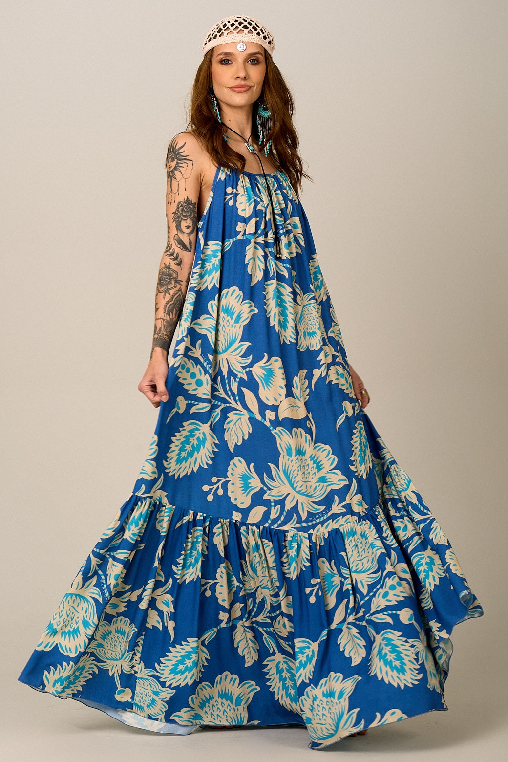 Vestido Longo De Alças Reguláveis Azul Estampado Yacamim E20