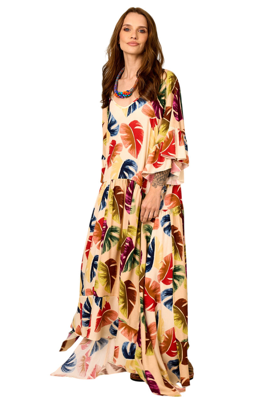 Vestido Midi Amplo Bege Estampa Costela De Adão Yacamim D11