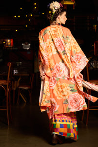 Kimono Longo Com Faixa Laranja Estampado Yacamim J5 Mex