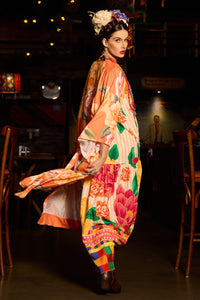 Kimono Longo Com Faixa Laranja Estampado Yacamim J5 Mex