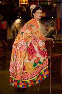 Kimono Longo Com Faixa Laranja Estampado Yacamim J5 Mex