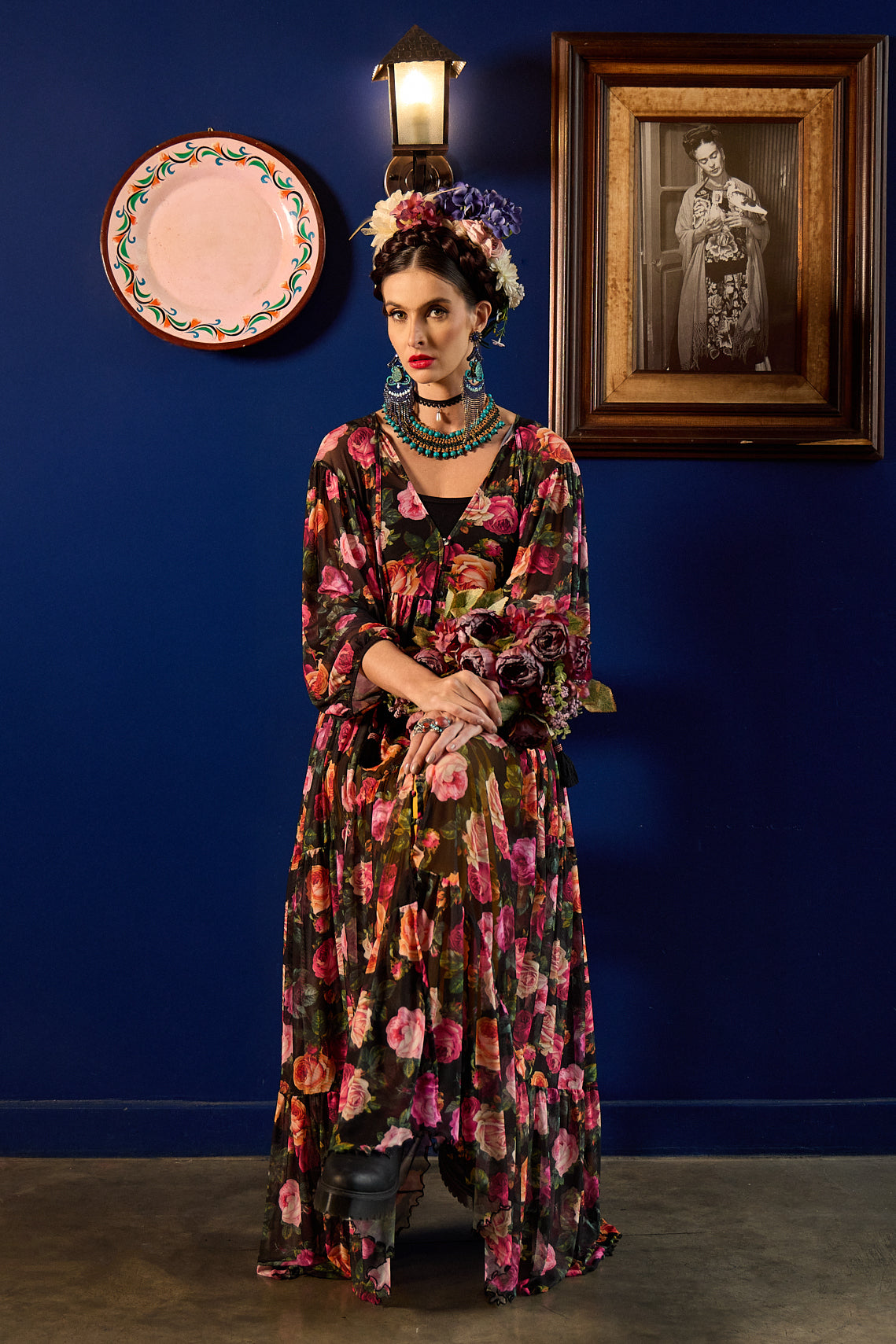 Vestido De Tule Longo Preto Estampa Floral Yacamim D15 Paris