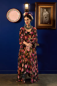 Vestido De Tule Longo Preto Estampa Floral Yacamim D15 Paris