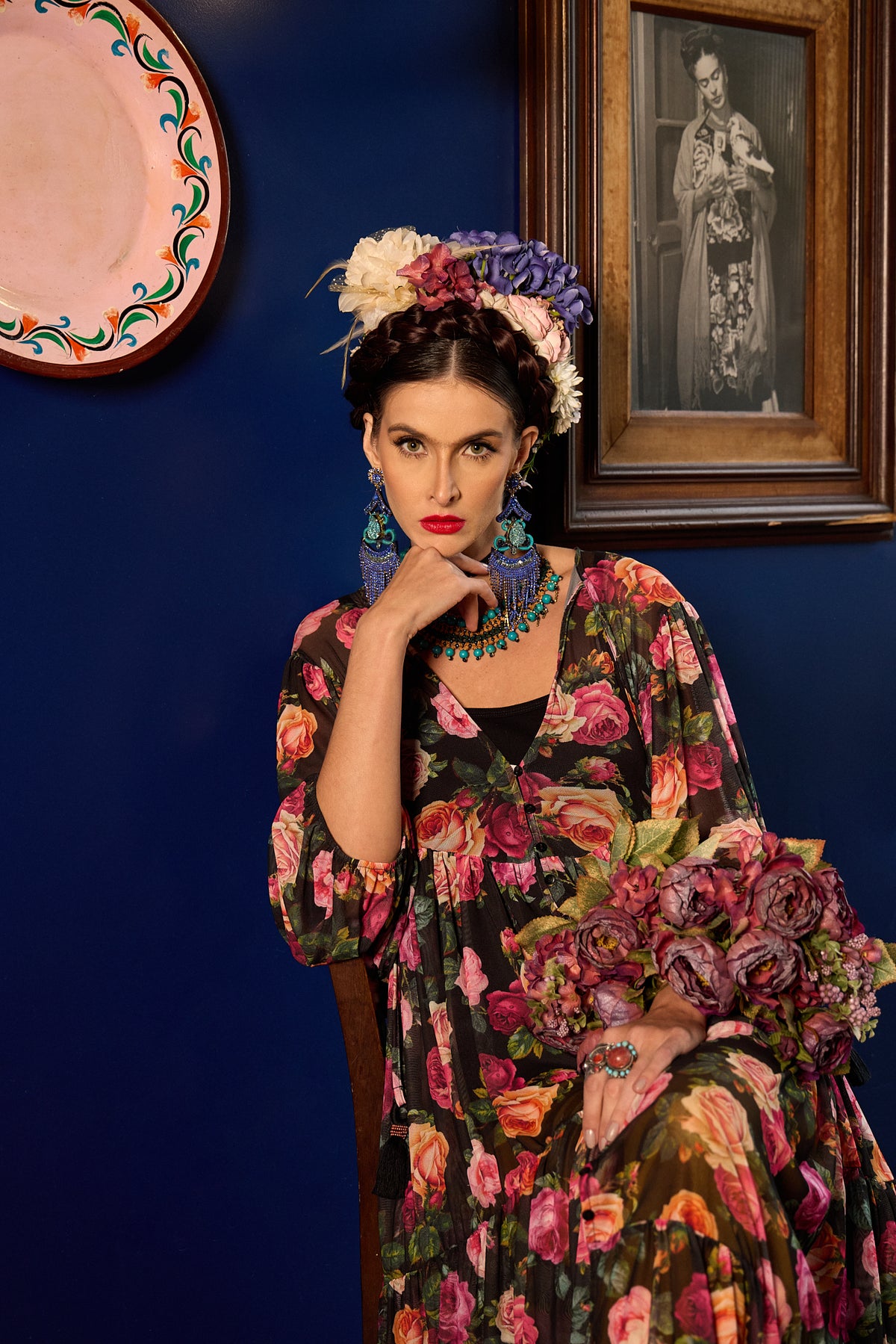 Vestido De Tule Longo Preto Estampa Floral Yacamim D15 Paris