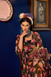 Vestido De Tule Longo Preto Estampa Floral Yacamim D15 Paris