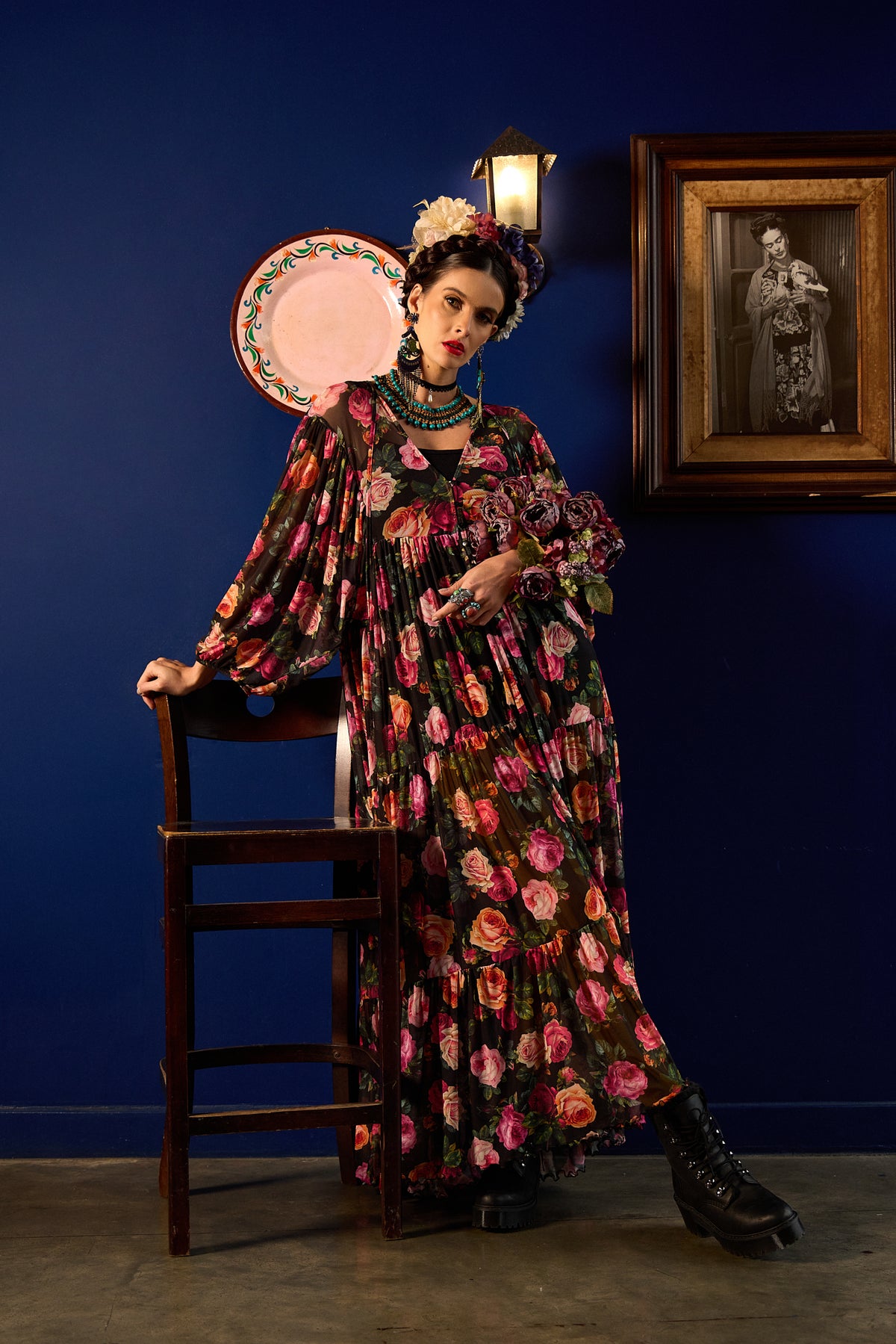 Vestido De Tule Longo Preto Estampa Floral Yacamim D15 Paris