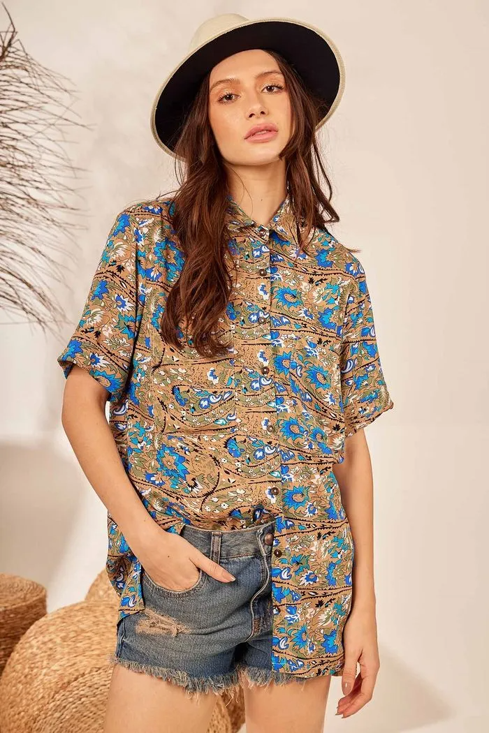 Camisa Ampla Com Mangas Curtas Marrom Claro Estampado Yacamim A31