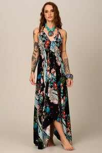 Vestido Longo Frente Única Preto Estampa Paisley Yacamim D27