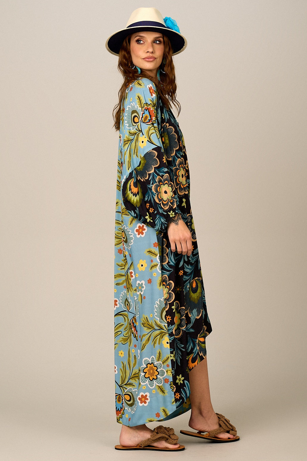 Chemise Longo Mullet Azul Estampado Patchwork Yacamim M1