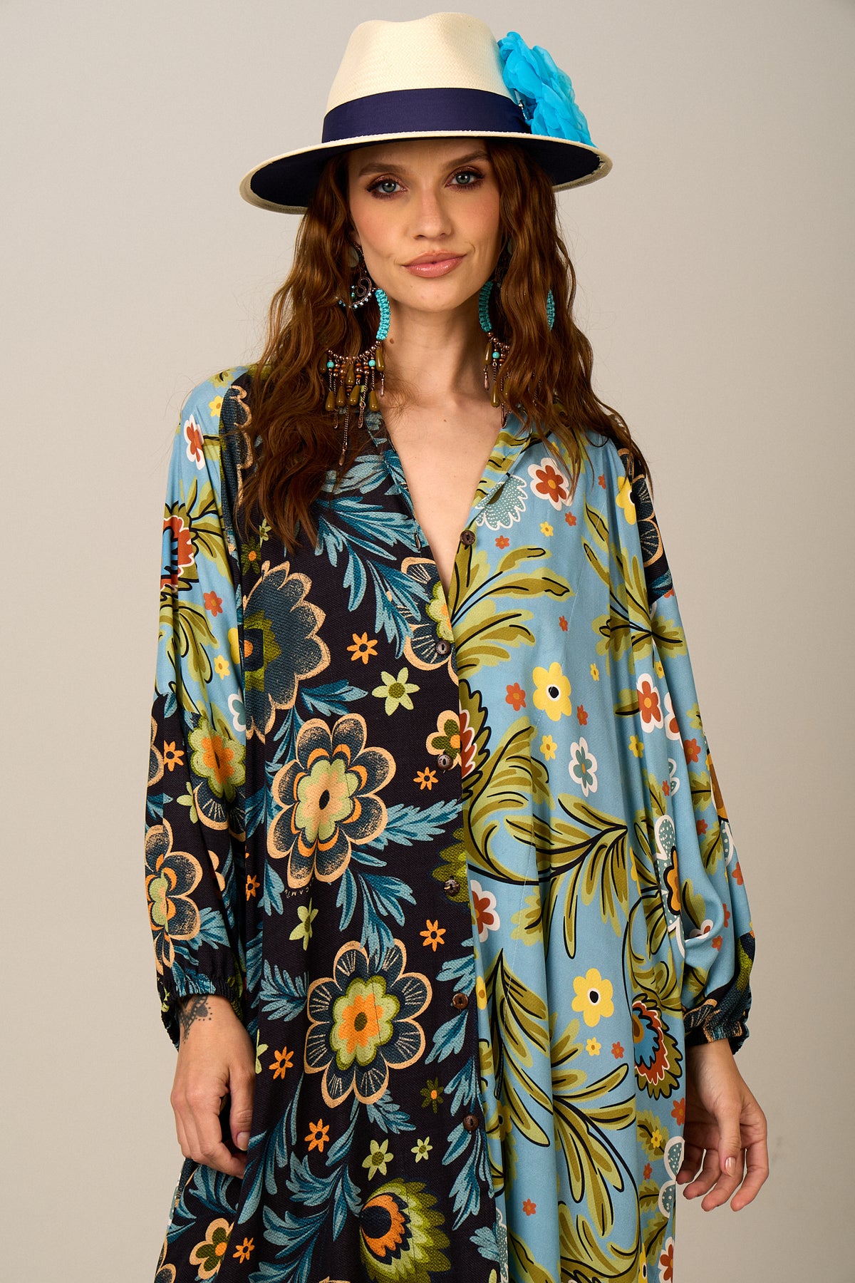 Chemise Longo Mullet Azul Estampado Patchwork Yacamim M1