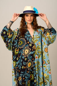 Chemise Longo Mullet Azul Estampado Patchwork Yacamim M1