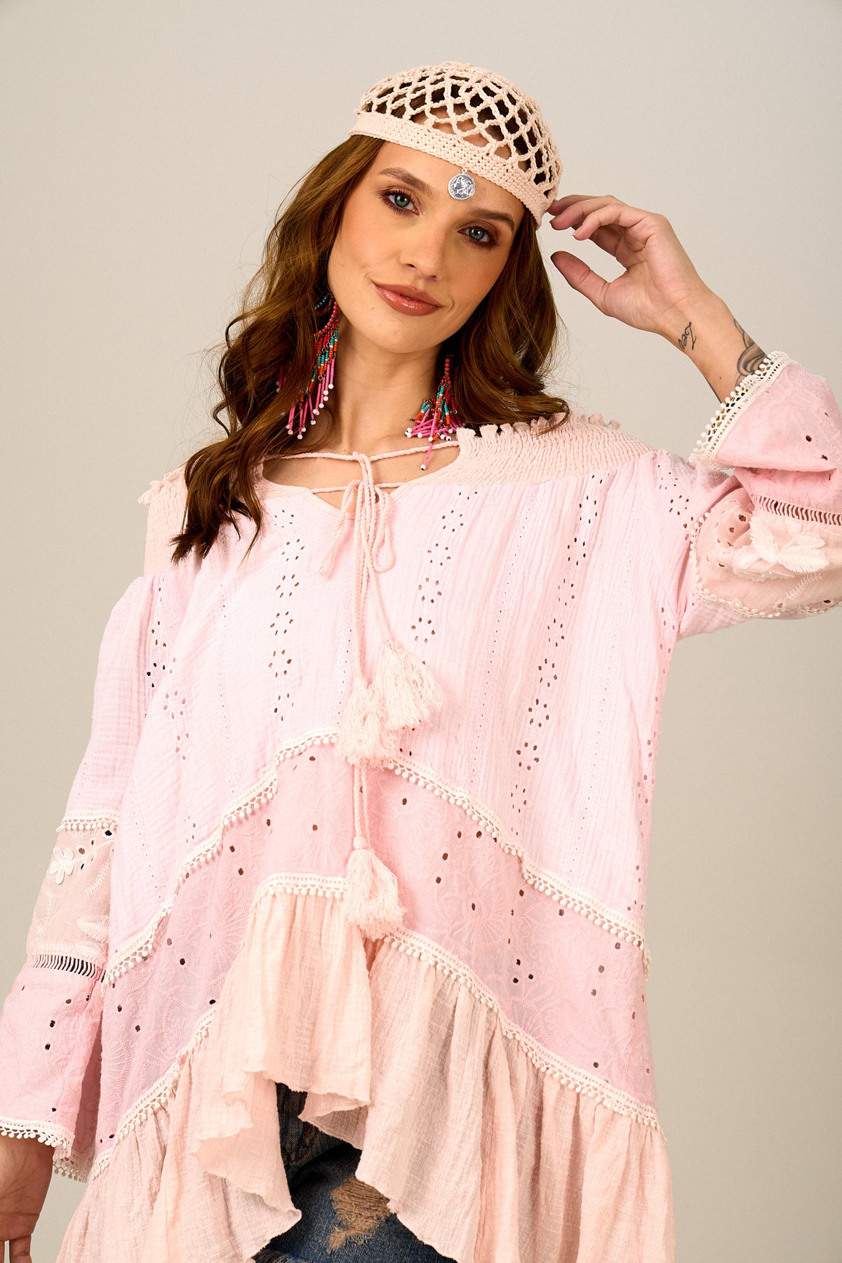 Bata Ampla Broderie Ciganinha Rosa Claro Yacamim B10