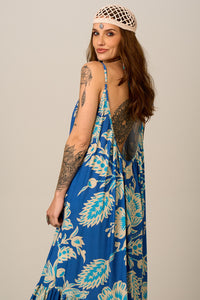 Vestido Longo De Alças Reguláveis Azul Estampado Yacamim E20