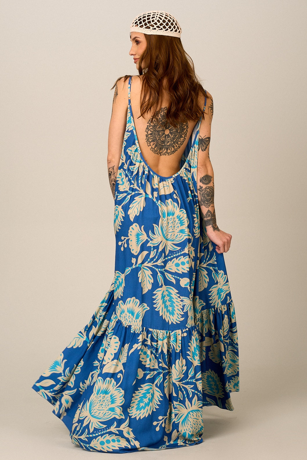 Vestido Longo De Alças Reguláveis Azul Estampado Yacamim E20