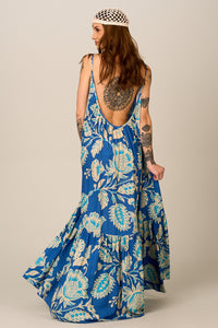 Vestido Longo De Alças Reguláveis Azul Estampado Yacamim E20