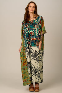 Kaftan Longo Verde Estampado Patchwork Yacamim J3