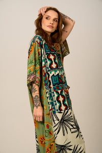 Kaftan Longo Verde Estampado Patchwork Yacamim J3