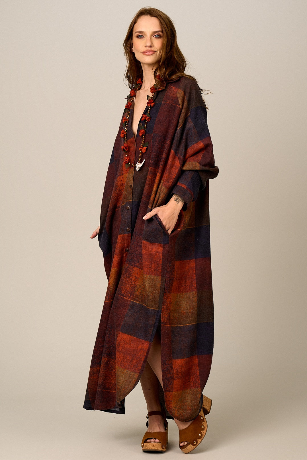 Chemise Longa De Algodão Terracota Estampa Xadrez Yacamim N6