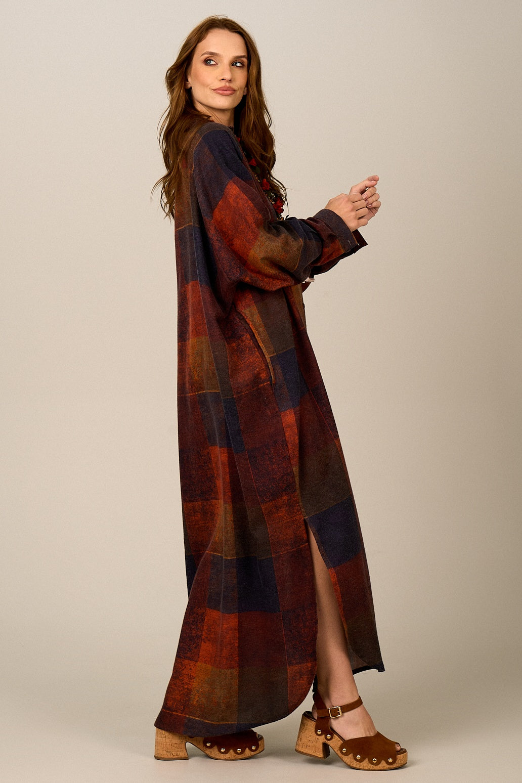 Chemise Longa De Algodão Terracota Estampa Xadrez Yacamim N6