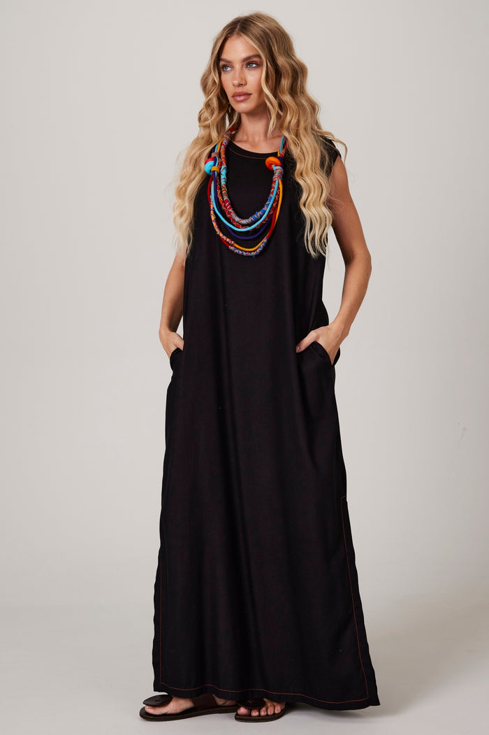 Vestido Regata Linho Midi Preto Yacamim D10 liso