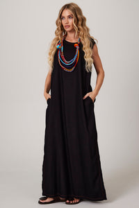 Vestido Regata Linho Midi Preto Yacamim D10 liso