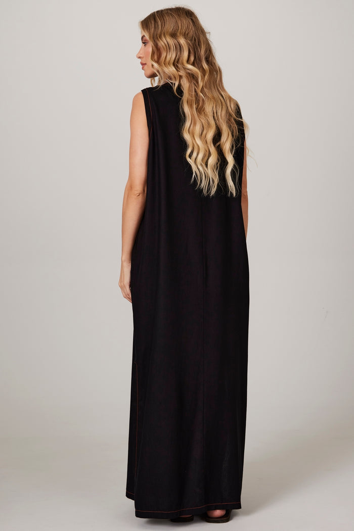 Vestido Regata Linho Midi Preto Yacamim D10 liso