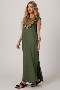 Vestido Regata Linho Midi Verde Escuro Yacamim C4/5 Liso
