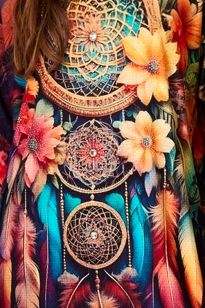 Bata Ampla Preto Estampa Filtro Dos Sonhos Com Pedrinhas Yacamim B26