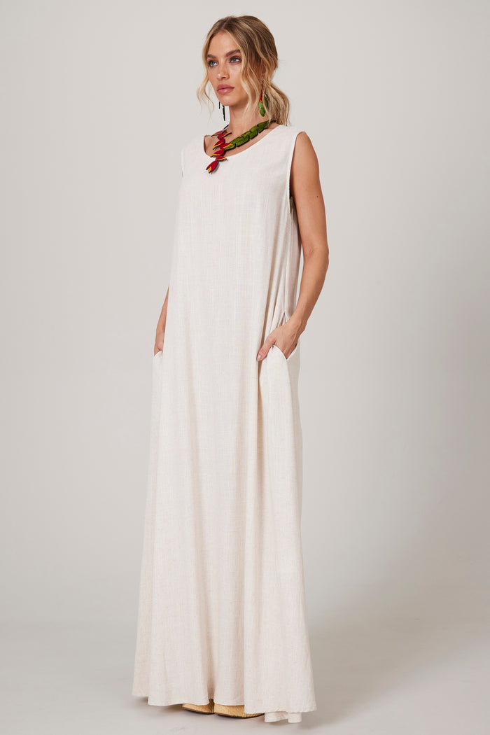 Vestido Regata Longo De Linho Bege Yacamim D1 Liso