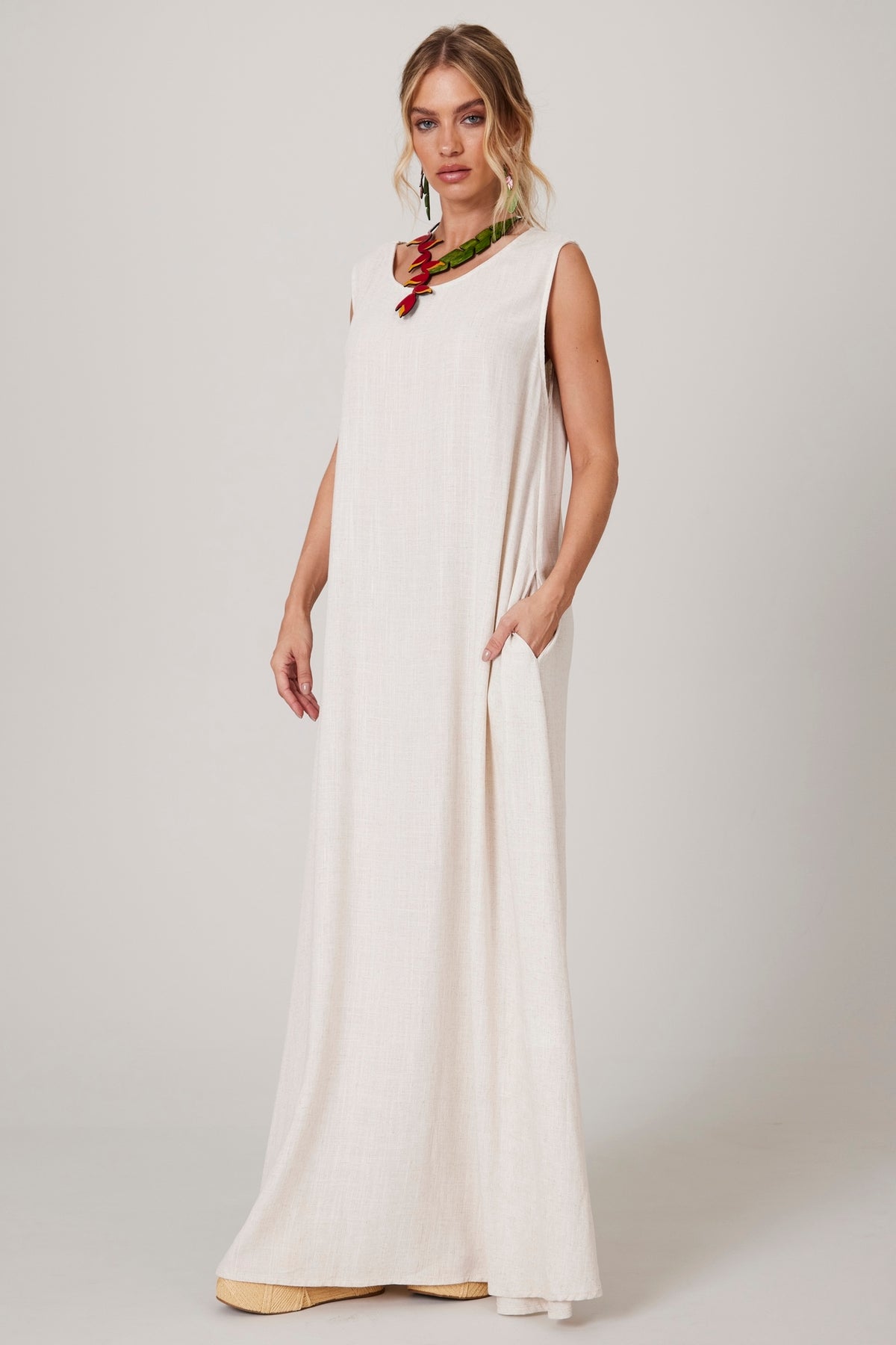 Vestido Regata Longo De Linho Bege Yacamim D1 Liso