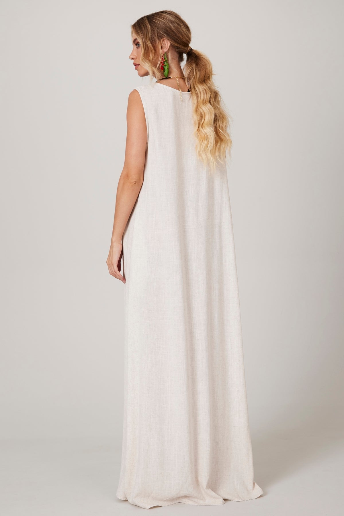 Vestido Regata Longo De Linho Bege Yacamim D1 Liso