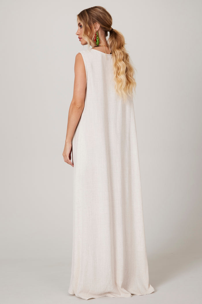 Vestido Regata Longo De Linho Bege Yacamim D1 Liso