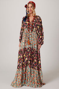 Vestido Longo Com Mangas Bufantes Estampado Patchwork Yacamim K1