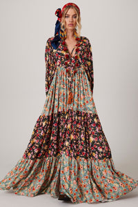 Vestido Longo Com Mangas Bufantes Estampado Patchwork Yacamim K1