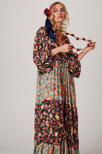 Vestido Longo Com Mangas Bufantes Estampado Patchwork Yacamim K1