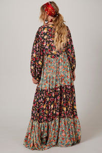 Vestido Longo Com Mangas Bufantes Estampado Patchwork Yacamim K1