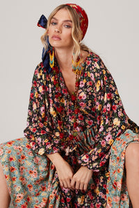 Vestido Longo Com Mangas Bufantes Estampado Patchwork Yacamim K1