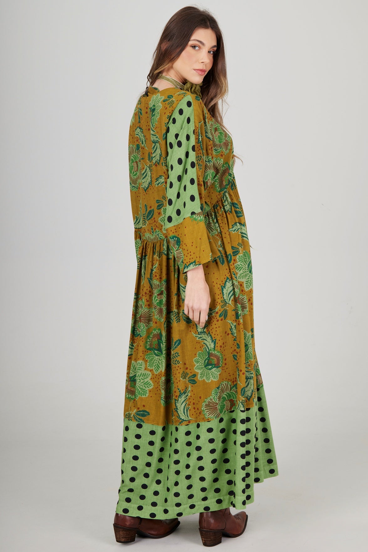 Vestido Midi Amplo Verde Estampado Patchwork Yacamim E8