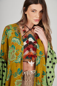 Kimono Longo Com Manga Flare Verde Poá Patchwork Yacamim J9