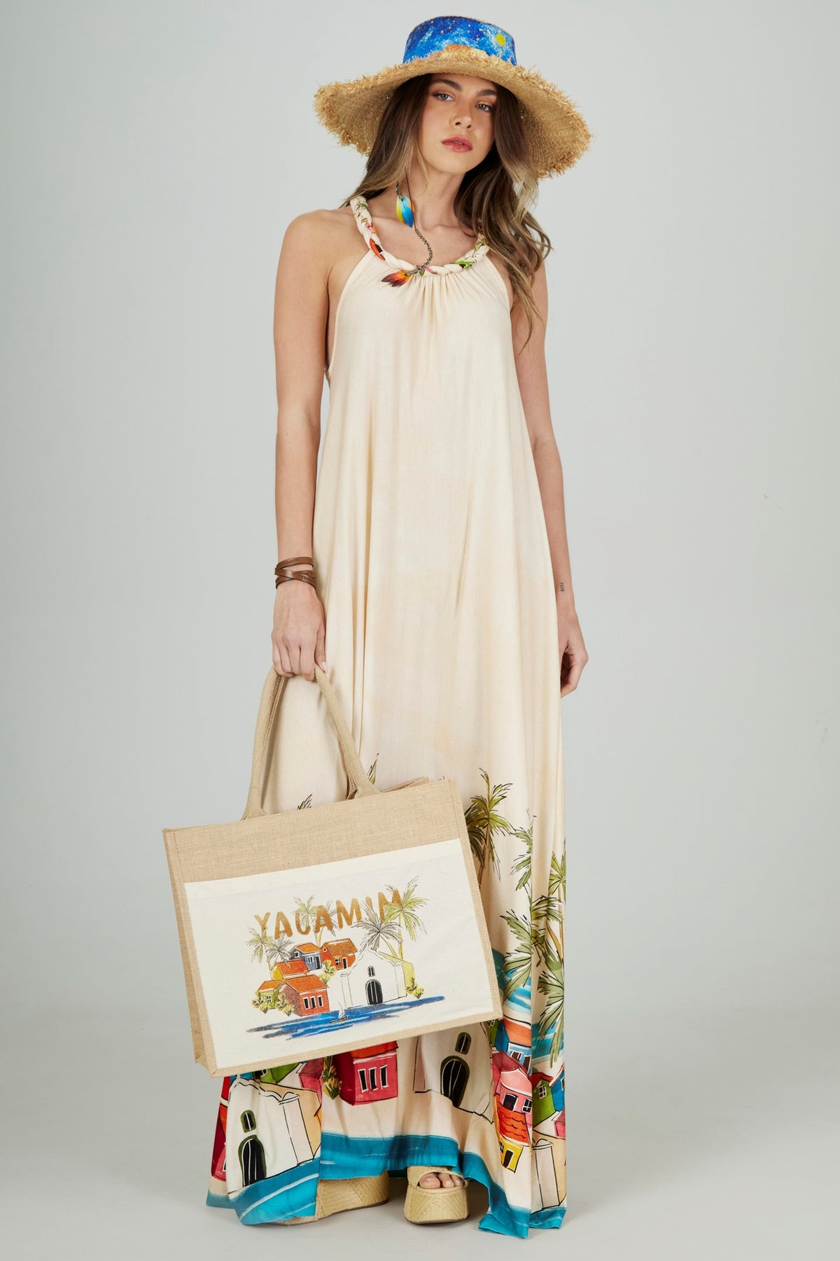 Vestido Longo Nadador Bege Estampado Coleção Bahêa Yacamim R3