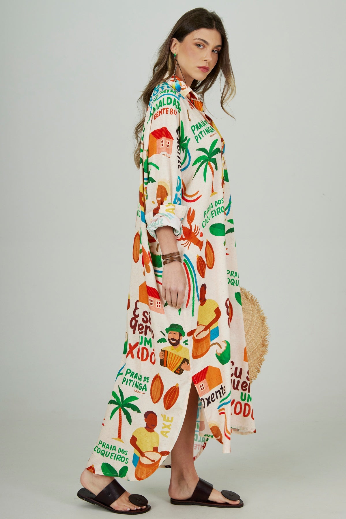 Chemise Midi Bege Estampado Coleção Bahêa Yacamim R10