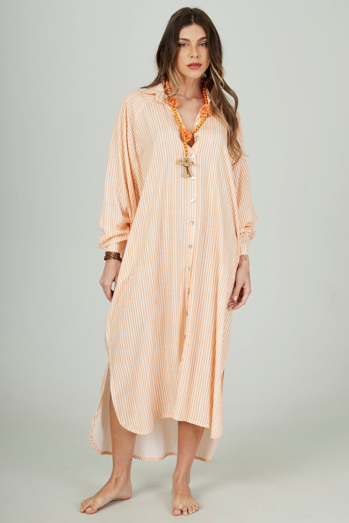 Chemise Longa Ampla Laranja Listrado Yacamim L4