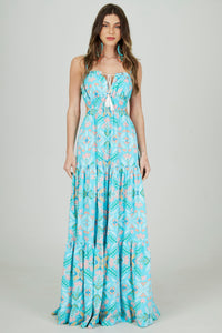 Vestido Longo Alças Azul Tiffany Estampado Yacamim C6